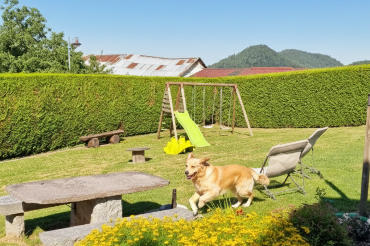 Jardin clos du domaine avec jeux pour enfants